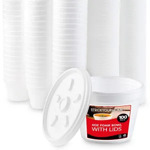 Stock Your Home 4 Ounce Foam Bowls With Lids (100 Count) - Insulated To Go Cups - Containers for Soup, Oatmeal, Ice Cream - For Delis, Cafes, Restaurants