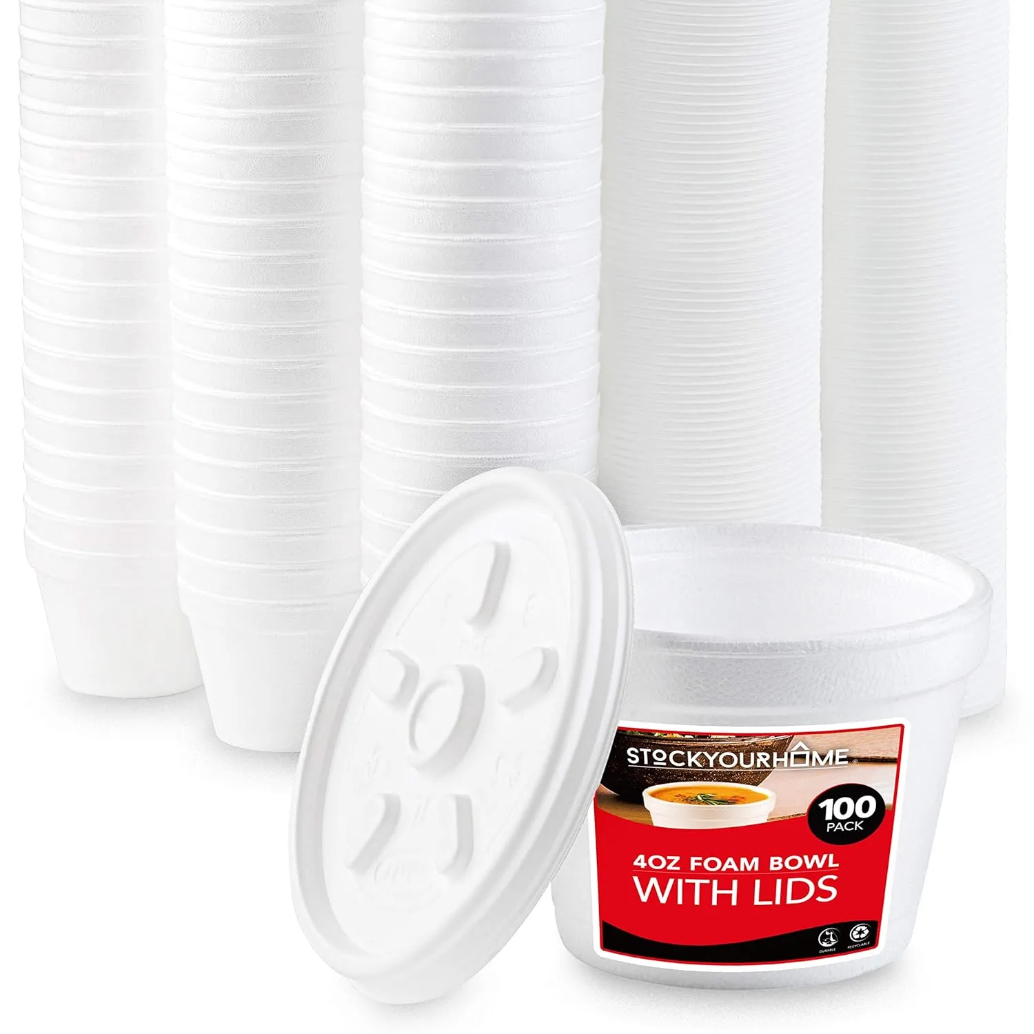 Stock Your Home 4 Ounce Foam Bowls With Lids (100 Count) - Insulated To Go Cups - Containers for Soup, Oatmeal, Ice Cream - For Delis, Cafes, Restaurants