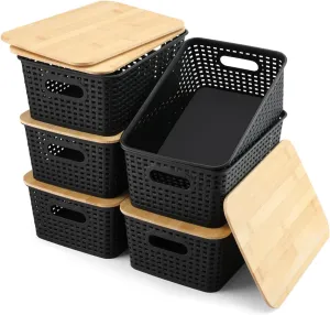 Storage Bins with Lids 6 Pack, Plastic Storage Bins with Bamboo Lids for Pantry Organization and Storage Containers for Shelves Drawers Desktop Closet Playroom Classroom Office Home, Black