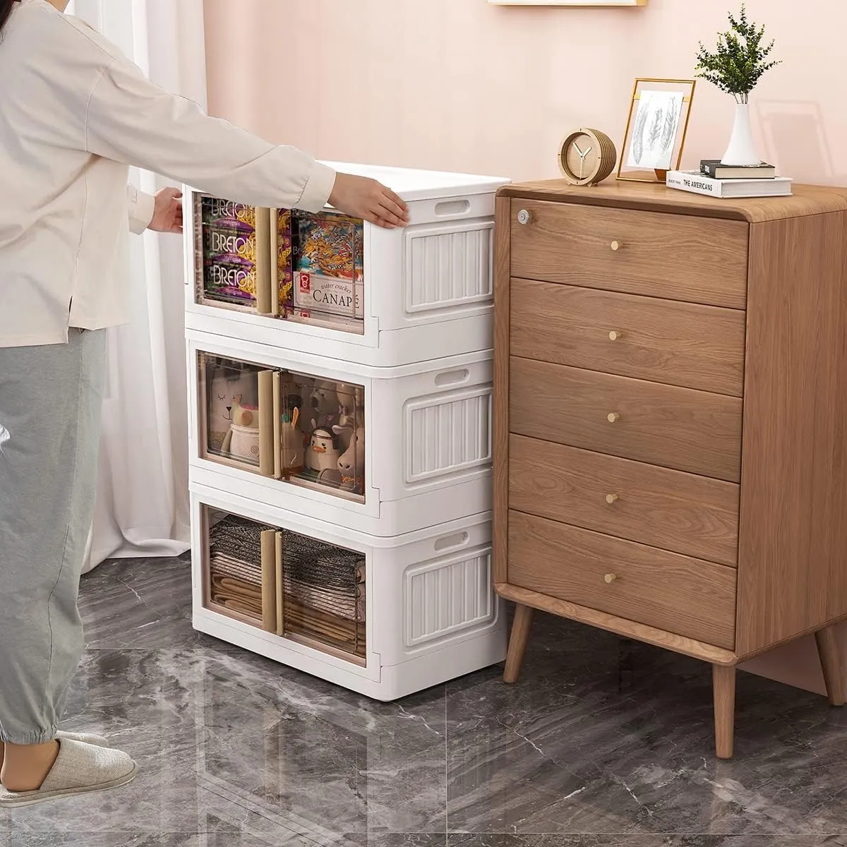 Storage Bins with Lids, 78 Quart Plastic, White Closet Organizers and Storage,5 Packs Stackable with Wheels,Dual Open Collapsible, for Home and Office