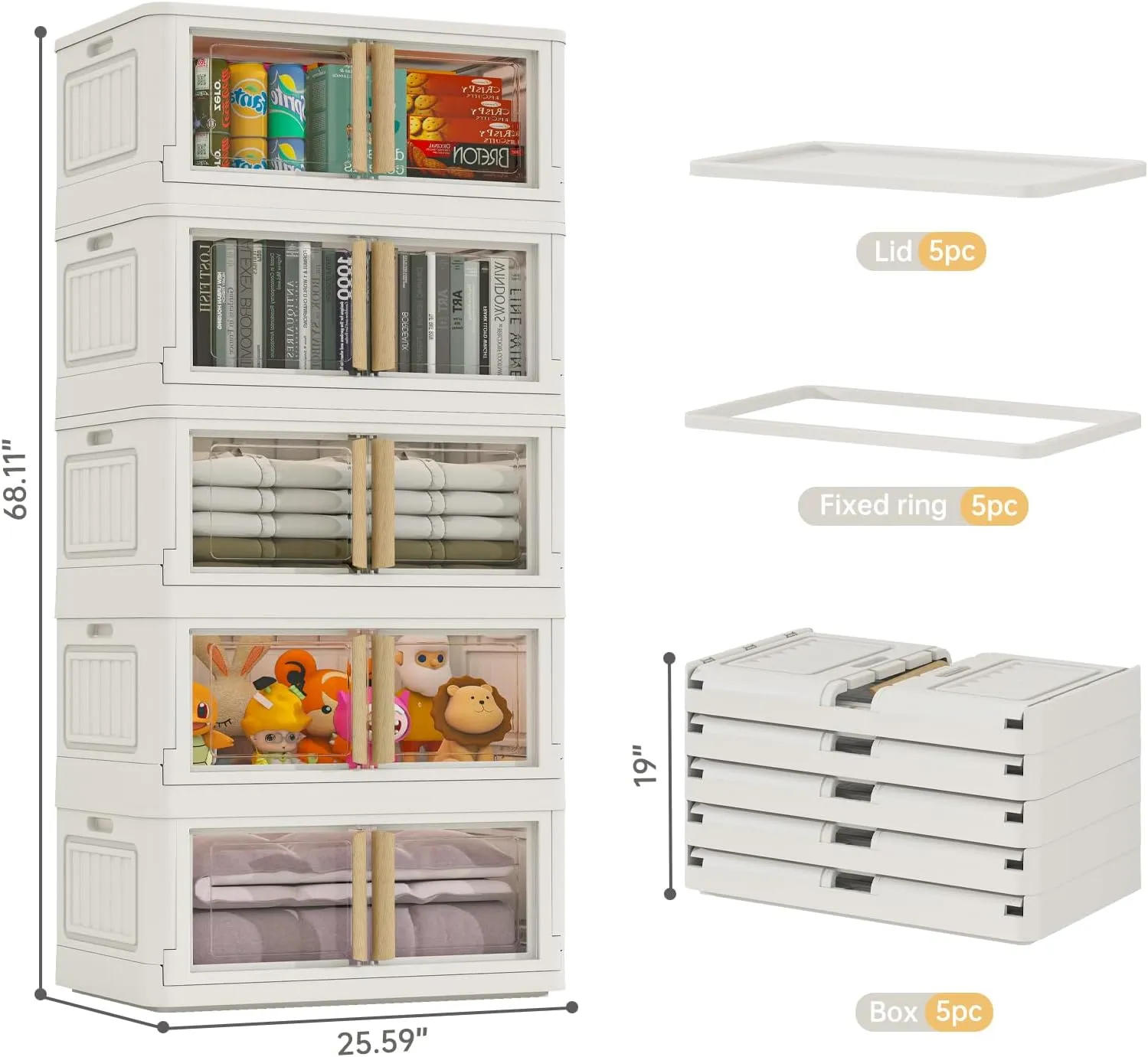 Storage Bins with Lids, 78 Quart Plastic, White Closet Organizers and Storage,5 Packs Stackable with Wheels,Dual Open Collapsible, for Home and Office
