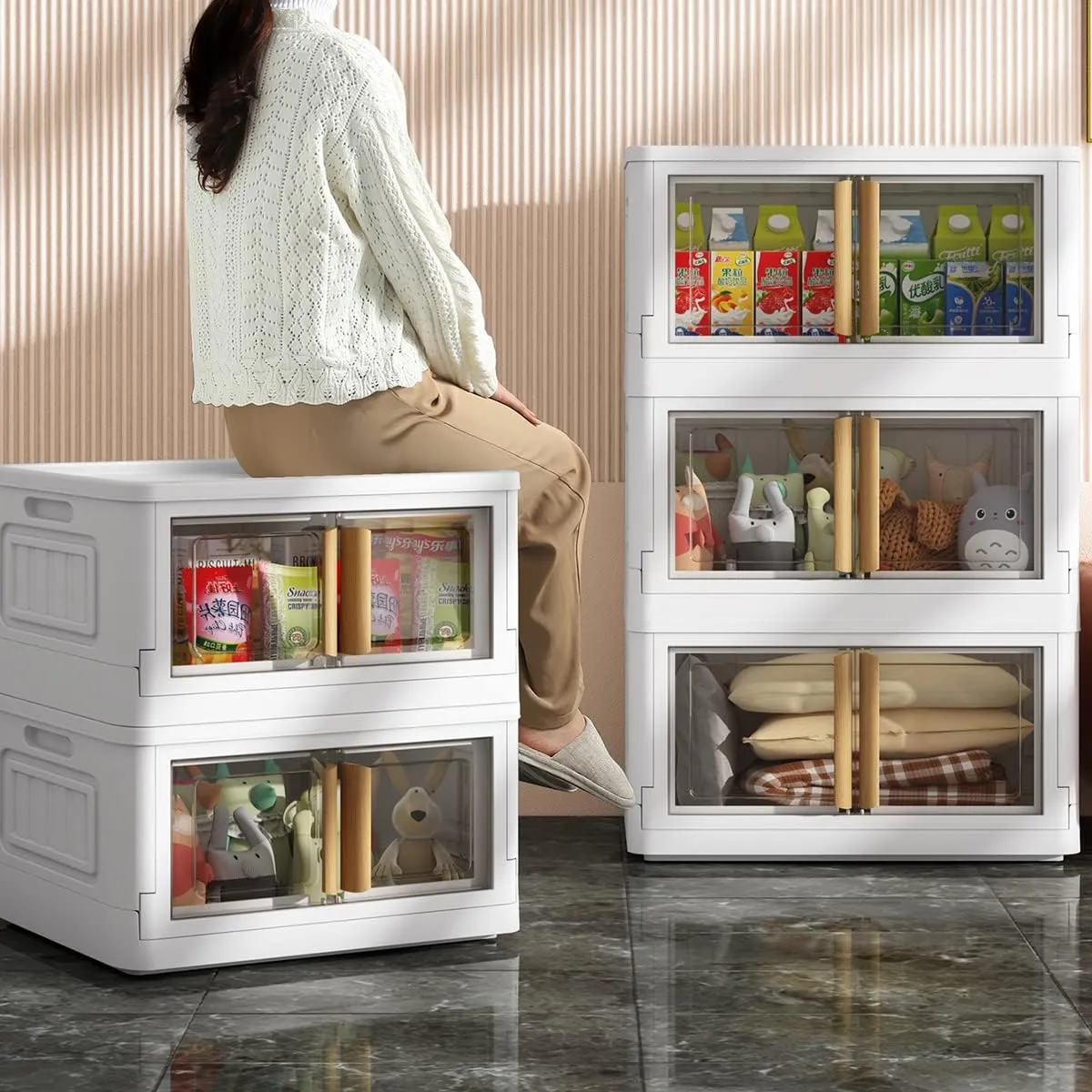 Storage Bins with Lids, 78 Quart Plastic, White Closet Organizers and Storage,5 Packs Stackable with Wheels,Dual Open Collapsible, for Home and Office