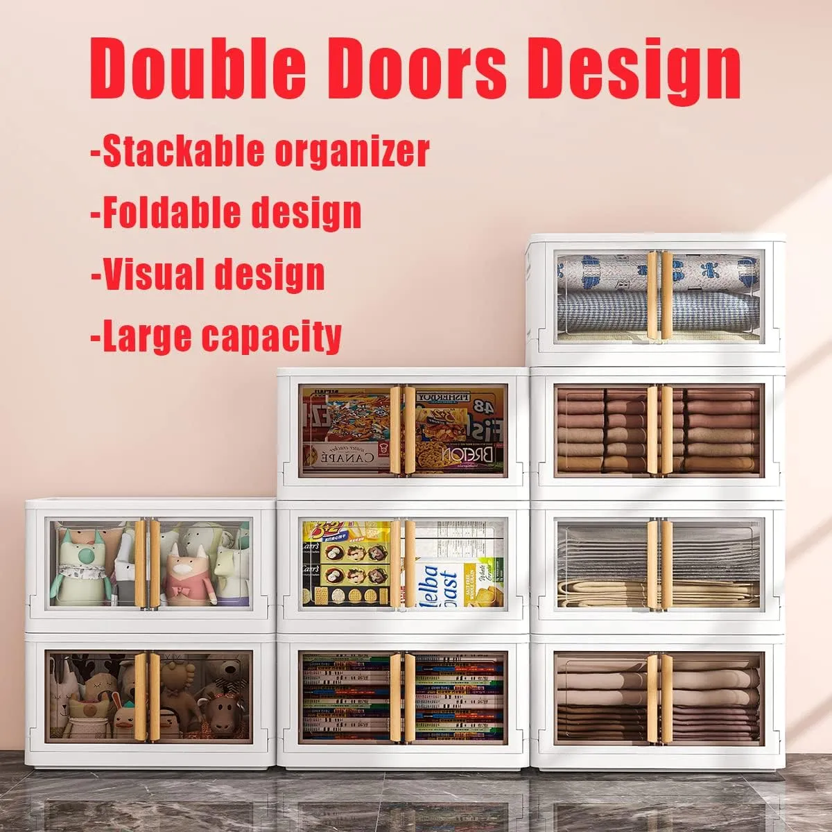Storage Bins with Lids, 78 Quart Plastic, White Closet Organizers and Storage,5 Packs Stackable with Wheels,Dual Open Collapsible, for Home and Office