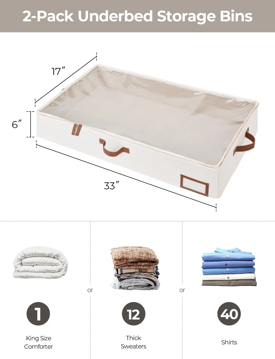 StorageWorks Large Under Bed Storage Containers with Handles and Label Holder, 2 Pack Ultra-thick Fabric Underbed Bins, Closet Organizer for Clothes, Blankets, Sweater