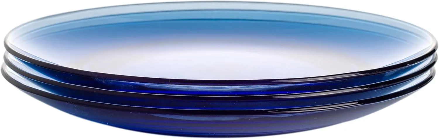 STPGoods 4 Pack Glass Dessert Plates - 9-Inch Blue Glass Eating Plates, Circular Glass Dinnerware for Salad, Cake, Appetizer, Round Serving Dishes for Kitchen, Microwave and Dishwasher Safe