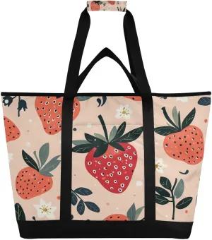 Strawberry Flower Reusable Insulated Lunchbox Cooler Bag, Leakproof Kitchen Grocery Bag Collapsible Portable Cooler Tote Bag for Picnic, Camping, Office, Travel