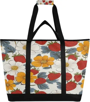 Strawberry Flower Reusable Insulated Lunchbox Cooler Bag, Leakproof Kitchen Grocery Bag Collapsible Portable Cooler Tote Bag for Picnic, Camping, Office, Travel