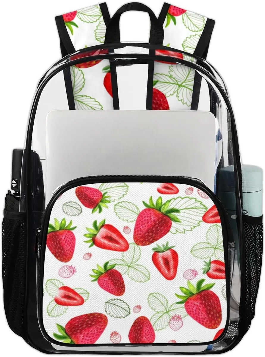 Strawberry Leaves Clear Backpack Stadium Approved Heavy Duty PVC Transparent Backpacks Large See Through Bag for Work Travel Sports Events Concerts