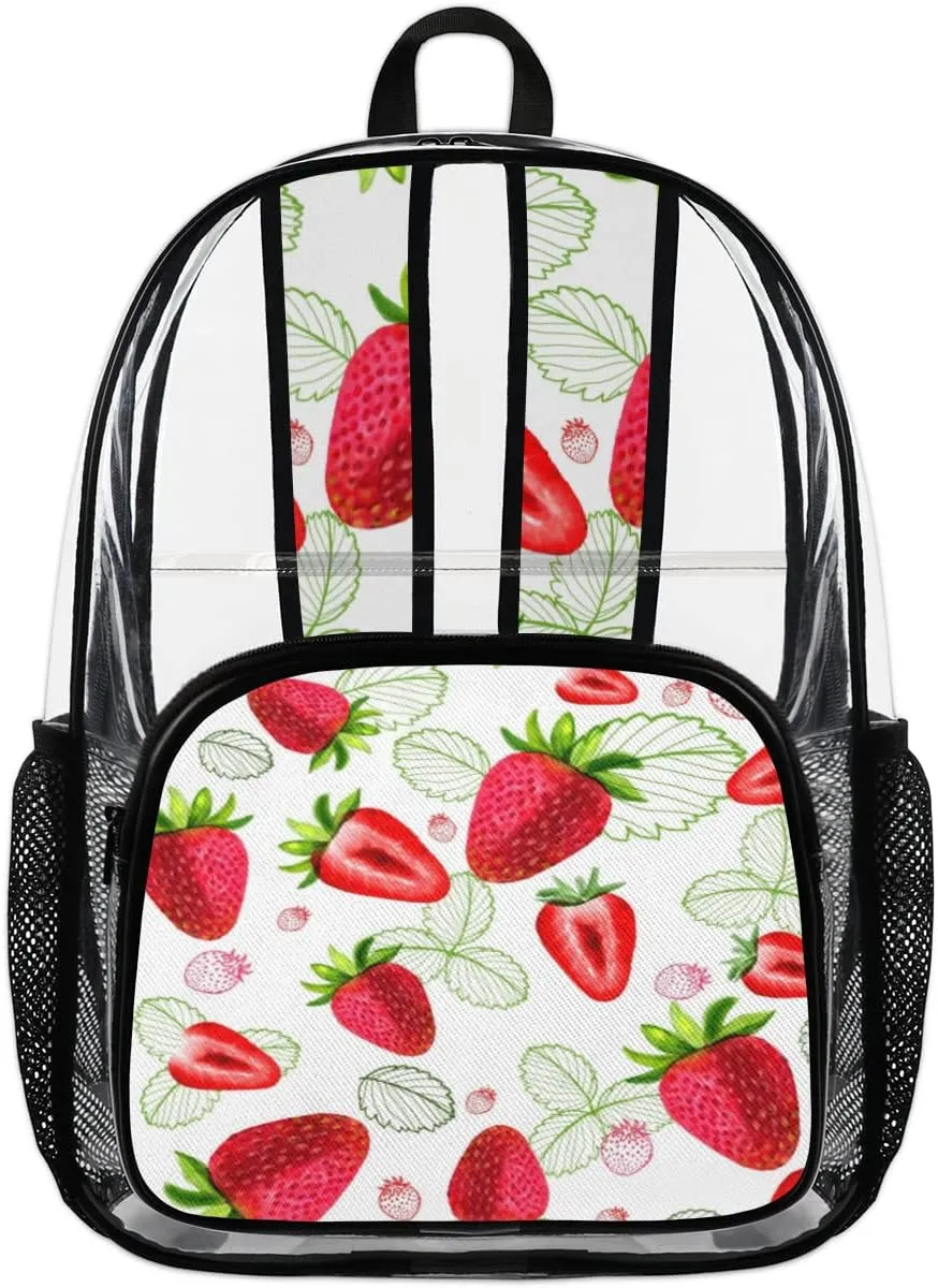 Strawberry Leaves Clear Backpack Stadium Approved Heavy Duty PVC Transparent Backpacks Large See Through Bag for Work Travel Sports Events Concerts