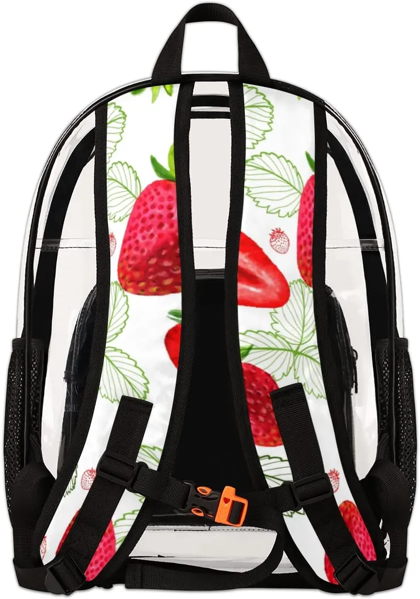 Strawberry Leaves Clear Backpack Stadium Approved Heavy Duty PVC Transparent Backpacks Large See Through Bag for Work Travel Sports Events Concerts