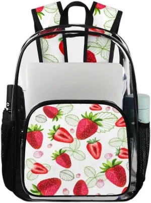 Strawberry Leaves Clear Backpack Stadium Approved Heavy Duty PVC Transparent Backpacks Large See Through Bag for Work Travel Sports Events Concerts