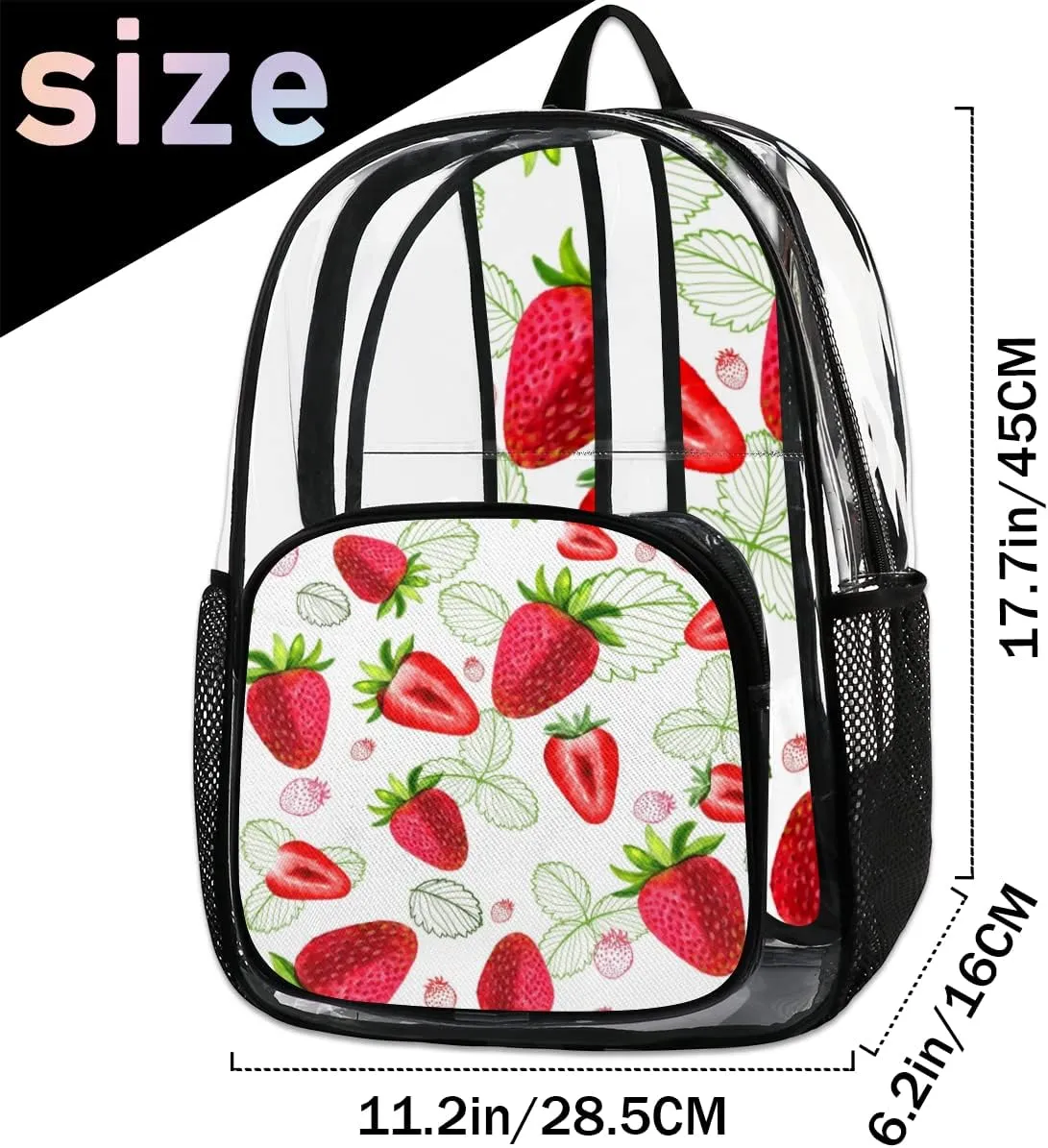 Strawberry Leaves Clear Backpack Stadium Approved Heavy Duty PVC Transparent Backpacks Large See Through Bag for Work Travel Sports Events Concerts