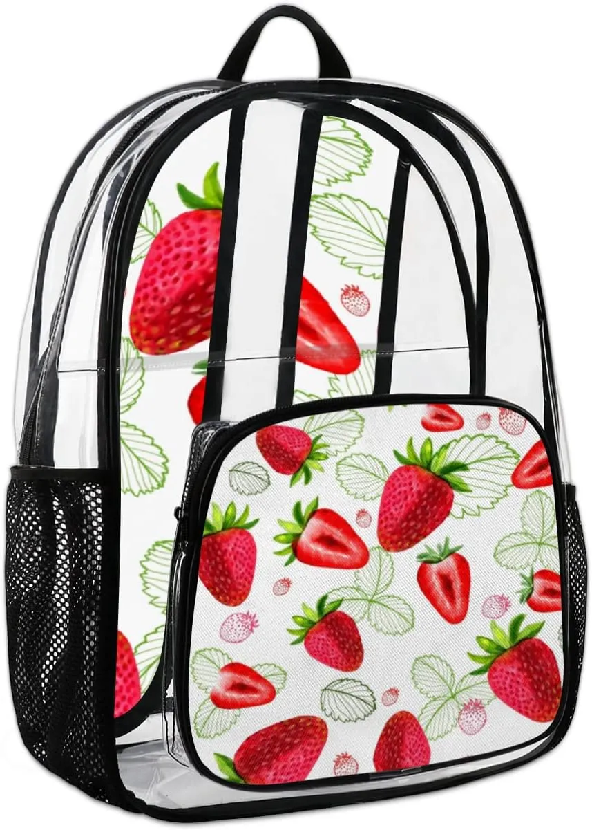 Strawberry Leaves Clear Backpack Stadium Approved Heavy Duty PVC Transparent Backpacks Large See Through Bag for Work Travel Sports Events Concerts