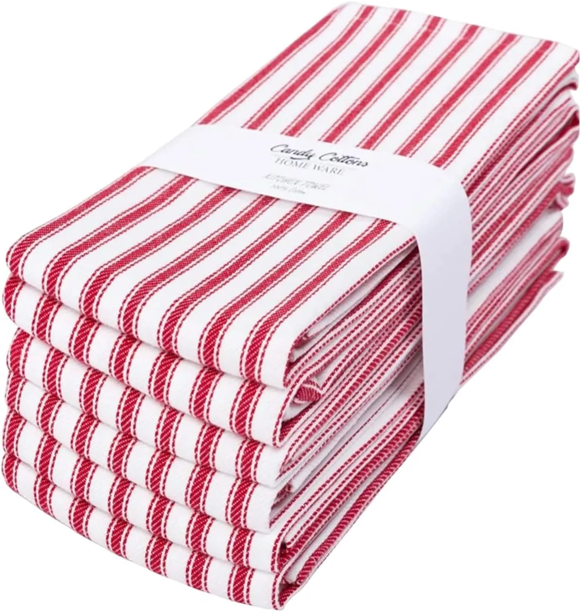 Stripe Kitchen Dish Towels With Hanging Loop - Boho Absorbent Festive Gift Set of 6 - Reusable 18x28 Inch Pantry Decor - Trendy Spring French Red