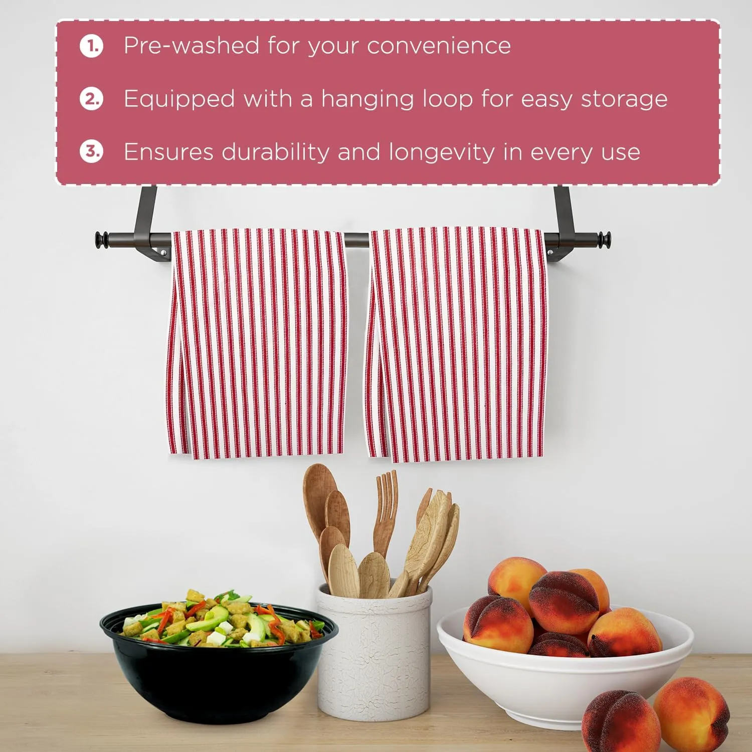 Stripe Kitchen Dish Towels With Hanging Loop - Boho Absorbent Festive Gift Set of 6 - Reusable 18x28 Inch Pantry Decor - Trendy Spring French Red