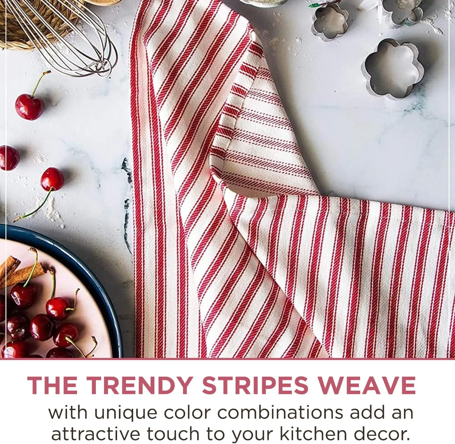 Stripe Kitchen Dish Towels With Hanging Loop - Boho Absorbent Festive Gift Set of 6 - Reusable 18x28 Inch Pantry Decor - Trendy Spring French Red