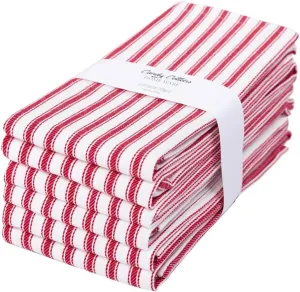 Stripe Kitchen Dish Towels With Hanging Loop - Boho Absorbent Festive Gift Set of 6 - Reusable 18x28 Inch Pantry Decor - Trendy Spring French Red