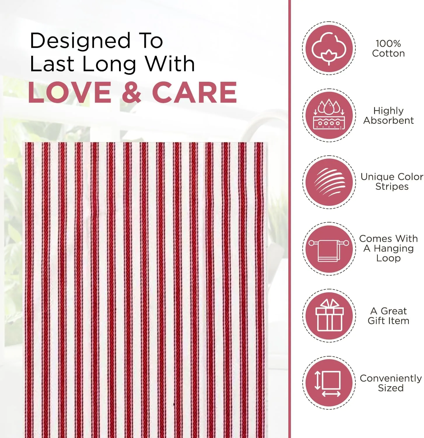 Stripe Kitchen Dish Towels With Hanging Loop - Boho Absorbent Festive Gift Set of 6 - Reusable 18x28 Inch Pantry Decor - Trendy Spring French Red
