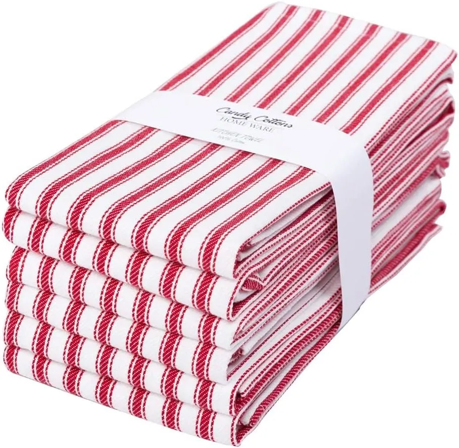 Stripe Kitchen Dish Towels With Hanging Loop - Boho Absorbent Festive Gift Set of 6 - Reusable 18x28 Inch Pantry Decor - Trendy Spring French Red