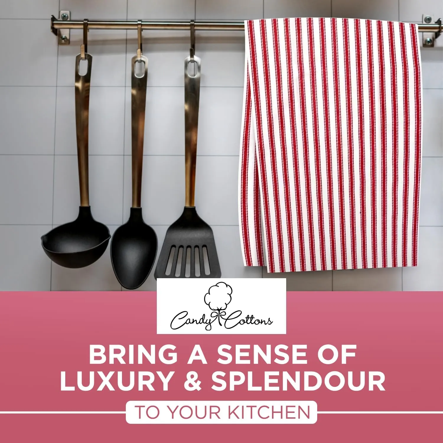 Stripe Kitchen Dish Towels With Hanging Loop - Boho Absorbent Festive Gift Set of 6 - Reusable 18x28 Inch Pantry Decor - Trendy Spring French Red