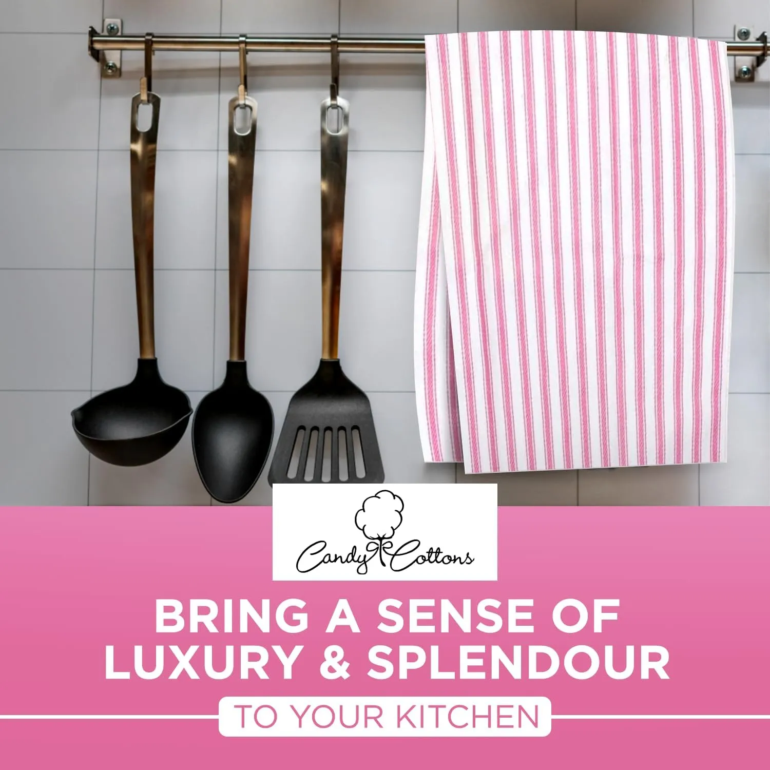 Stripe Kitchen Towels With Hanging Loop - Boho Absorbent Dish Towels Set of 3 - Festive Gift 18x28 Inch Reusable Pantry Decor - Trendy Spring French Pink