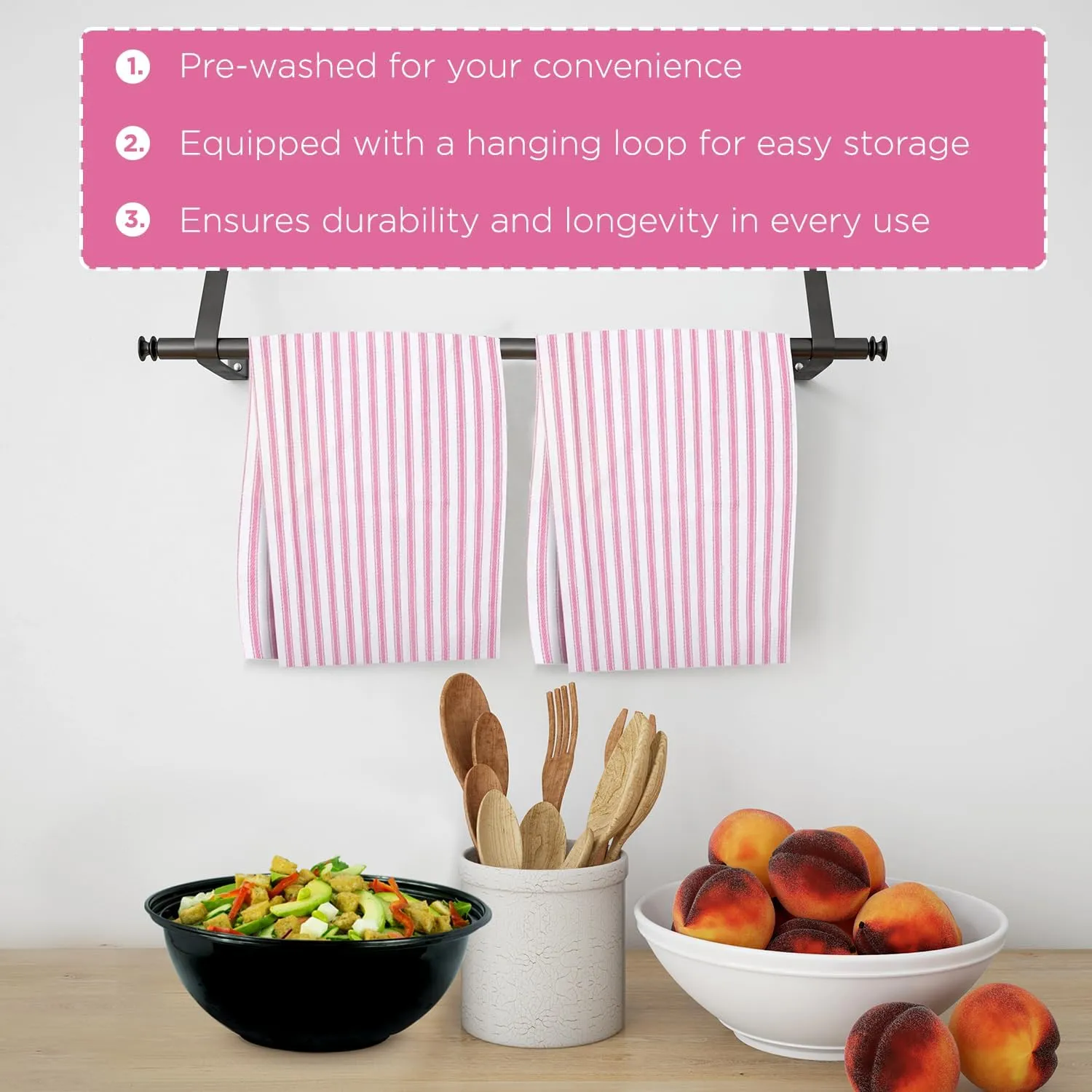 Stripe Kitchen Towels With Hanging Loop - Boho Absorbent Dish Towels Set of 3 - Festive Gift 18x28 Inch Reusable Pantry Decor - Trendy Spring French Pink