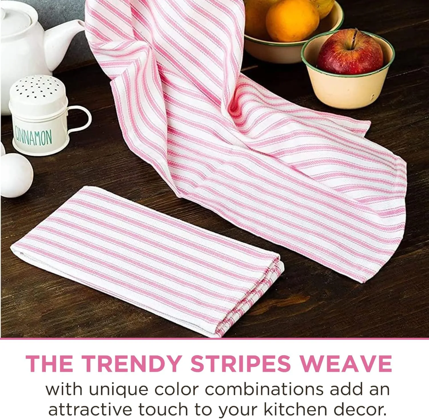 Stripe Kitchen Towels With Hanging Loop - Boho Absorbent Dish Towels Set of 3 - Festive Gift 18x28 Inch Reusable Pantry Decor - Trendy Spring French Pink