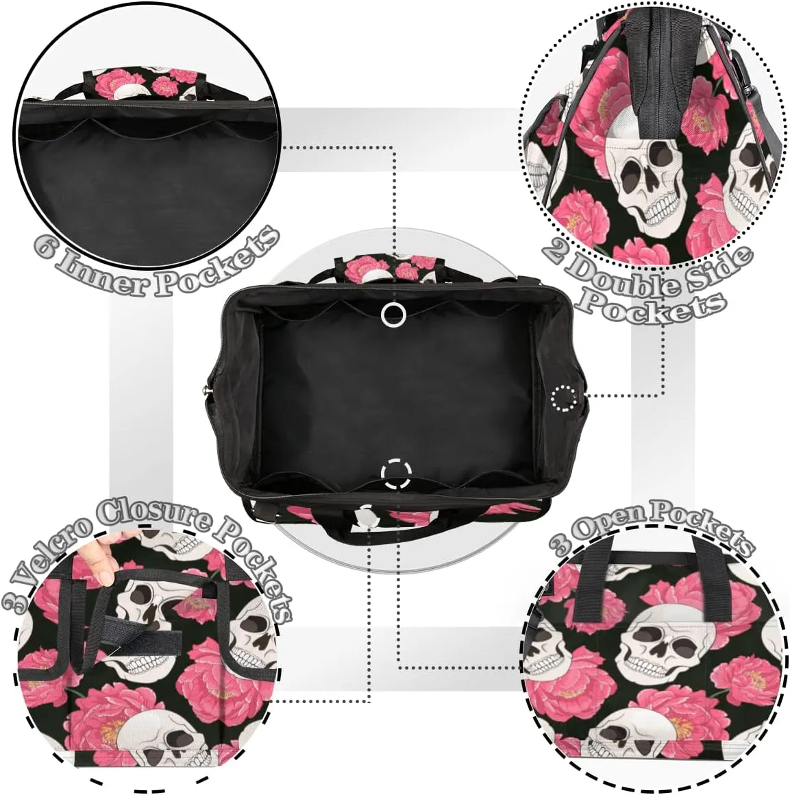 Sugar Skull Flower Floral Tool Bag for Men Women Heavy Duty Multi-Pockets Wide Mouth Tool Tote Waterproof Tool Bag Organizer with Adjustable Shoulder Strap