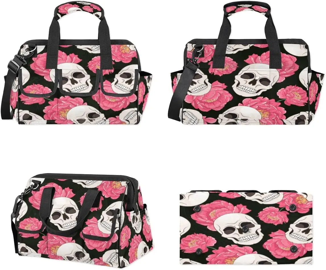Sugar Skull Flower Floral Tool Bag for Men Women Heavy Duty Multi-Pockets Wide Mouth Tool Tote Waterproof Tool Bag Organizer with Adjustable Shoulder Strap