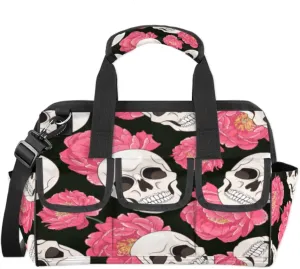 Sugar Skull Flower Floral Tool Bag for Men Women Heavy Duty Multi-Pockets Wide Mouth Tool Tote Waterproof Tool Bag Organizer with Adjustable Shoulder Strap