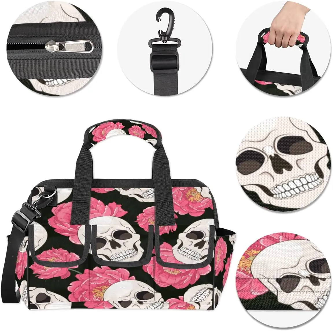 Sugar Skull Flower Floral Tool Bag for Men Women Heavy Duty Multi-Pockets Wide Mouth Tool Tote Waterproof Tool Bag Organizer with Adjustable Shoulder Strap