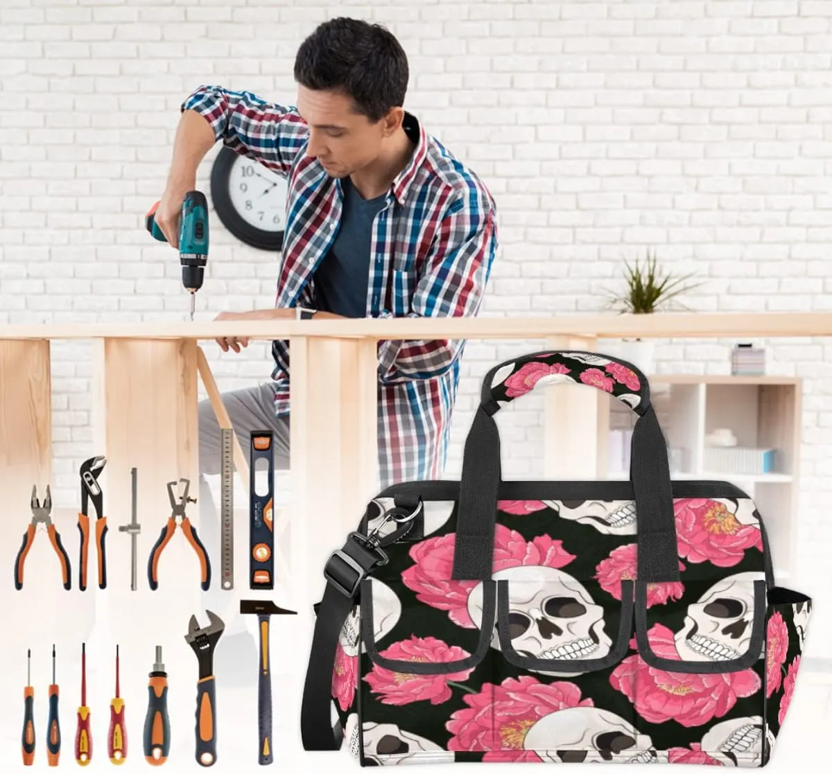 Sugar Skull Flower Floral Tool Bag for Men Women Heavy Duty Multi-Pockets Wide Mouth Tool Tote Waterproof Tool Bag Organizer with Adjustable Shoulder Strap