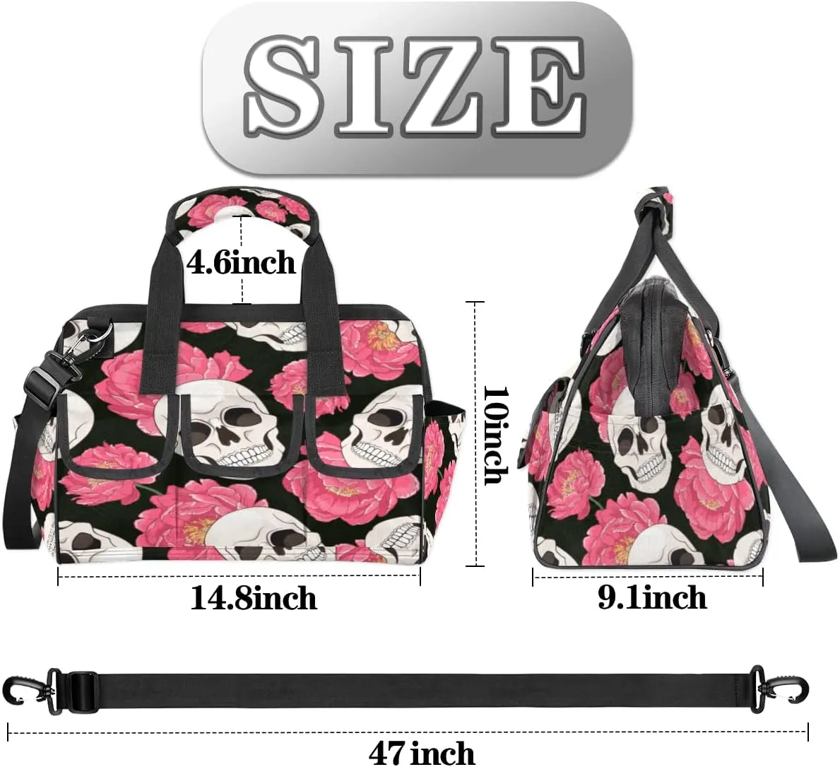 Sugar Skull Flower Floral Tool Bag for Men Women Heavy Duty Multi-Pockets Wide Mouth Tool Tote Waterproof Tool Bag Organizer with Adjustable Shoulder Strap