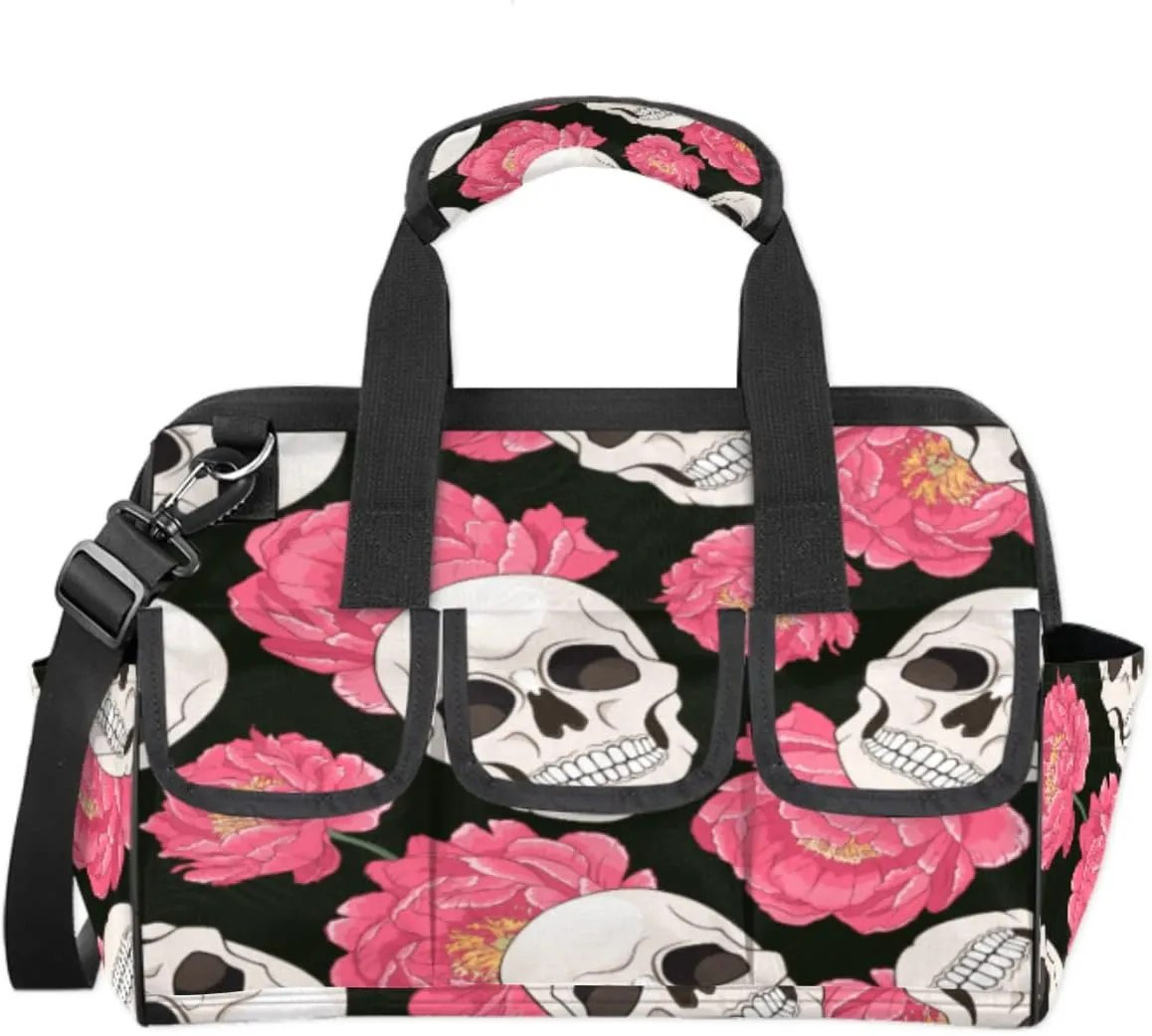 Sugar Skull Flower Floral Tool Bag for Men Women Heavy Duty Multi-Pockets Wide Mouth Tool Tote Waterproof Tool Bag Organizer with Adjustable Shoulder Strap