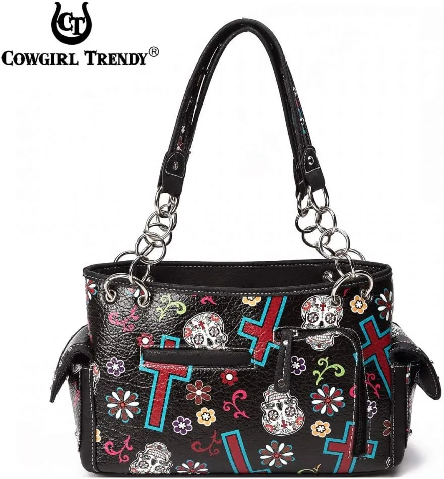 Sugar Skull Rose Flower Day of the Dead Purse Punk Gothic Totes Women Fashion Handbag Skeleton Shoulder Bag Wallet Set