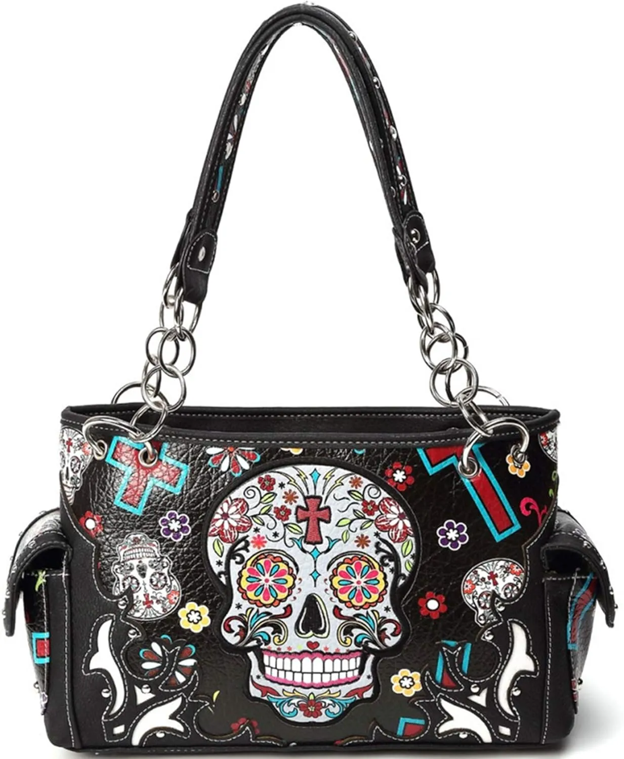 Sugar Skull Rose Flower Day of the Dead Purse Punk Gothic Totes Women Fashion Handbag Skeleton Shoulder Bag Wallet Set