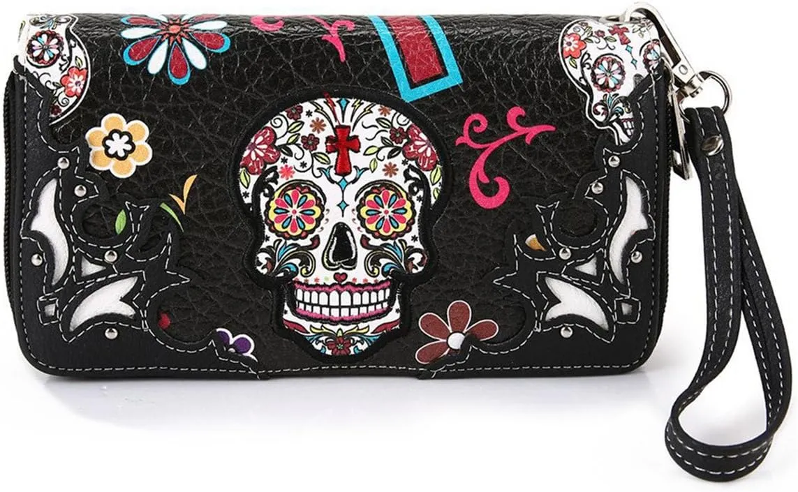 Sugar Skull Rose Flower Day of the Dead Purse Punk Gothic Totes Women Fashion Handbag Skeleton Shoulder Bag Wallet Set