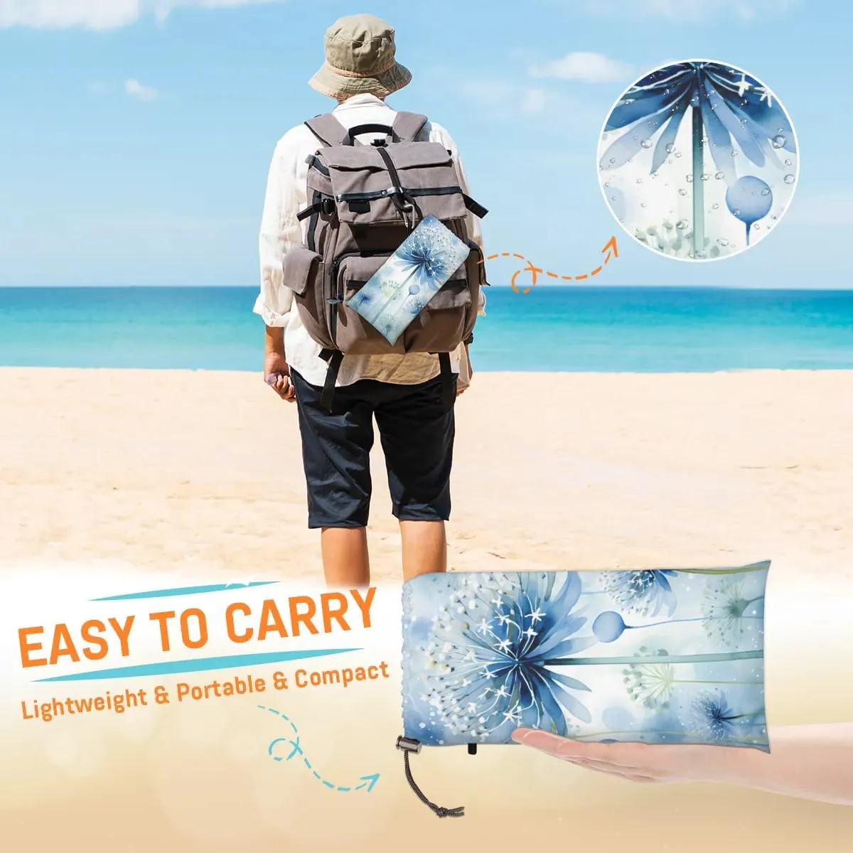 Summer Floral Beach Blanket, Sandproof Beach Mat, 68 x 59 Waterproof Quick Drying Sand Free Mat with 4 x Ground Spikes for Outdoor Travel Camping Hiking, Spring Summer Flower