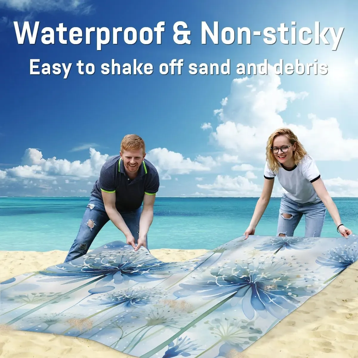 Summer Floral Beach Blanket, Sandproof Beach Mat, 68 x 59 Waterproof Quick Drying Sand Free Mat with 4 x Ground Spikes for Outdoor Travel Camping Hiking, Spring Summer Flower