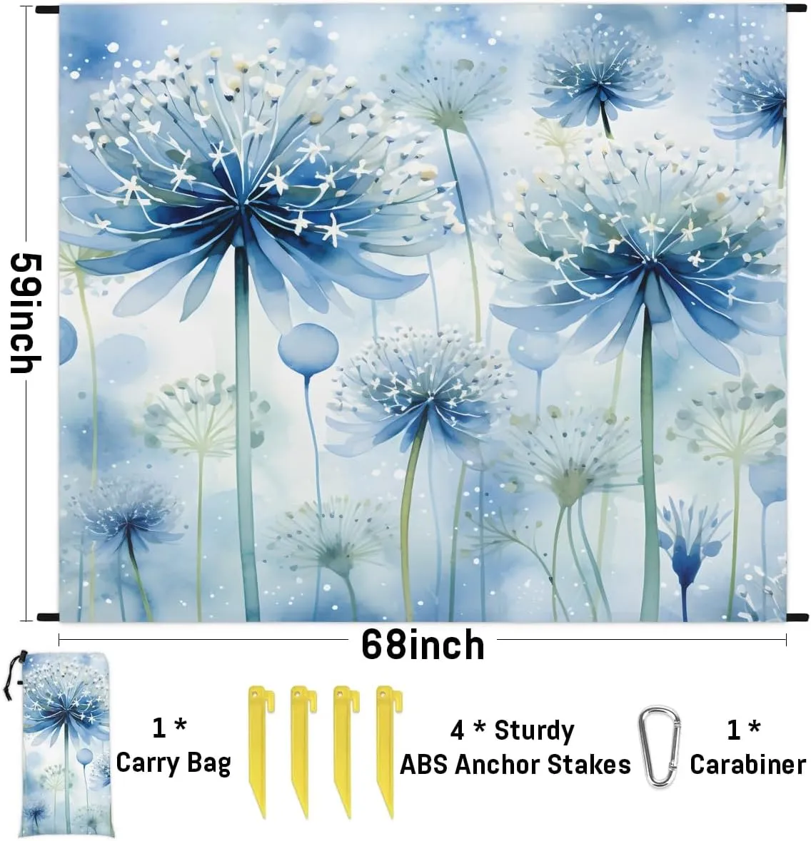Summer Floral Beach Blanket, Sandproof Beach Mat, 68 x 59 Waterproof Quick Drying Sand Free Mat with 4 x Ground Spikes for Outdoor Travel Camping Hiking, Spring Summer Flower