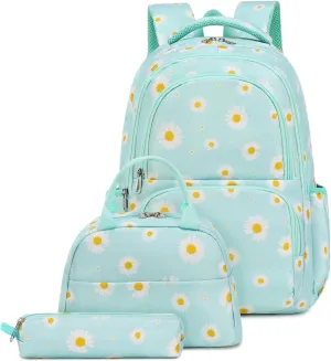Sunborls Backpack for Girls Teens Girls Bookbag Lightweight High-Capacity Waterproof School Gifts for Lovely Small Daisy Flower 3pcs (Mint Green)