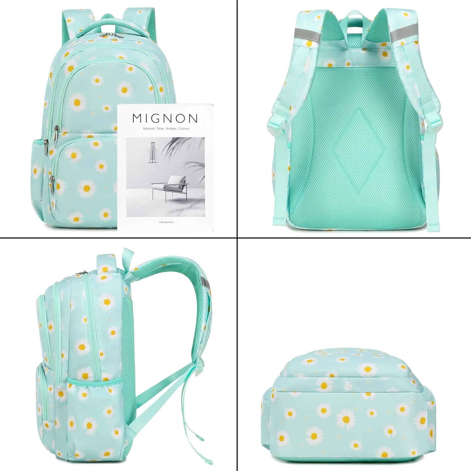 Sunborls Backpack for Girls Teens Girls Bookbag Lightweight High-Capacity Waterproof School Gifts for Lovely Small Daisy Flower 3pcs (Mint Green)