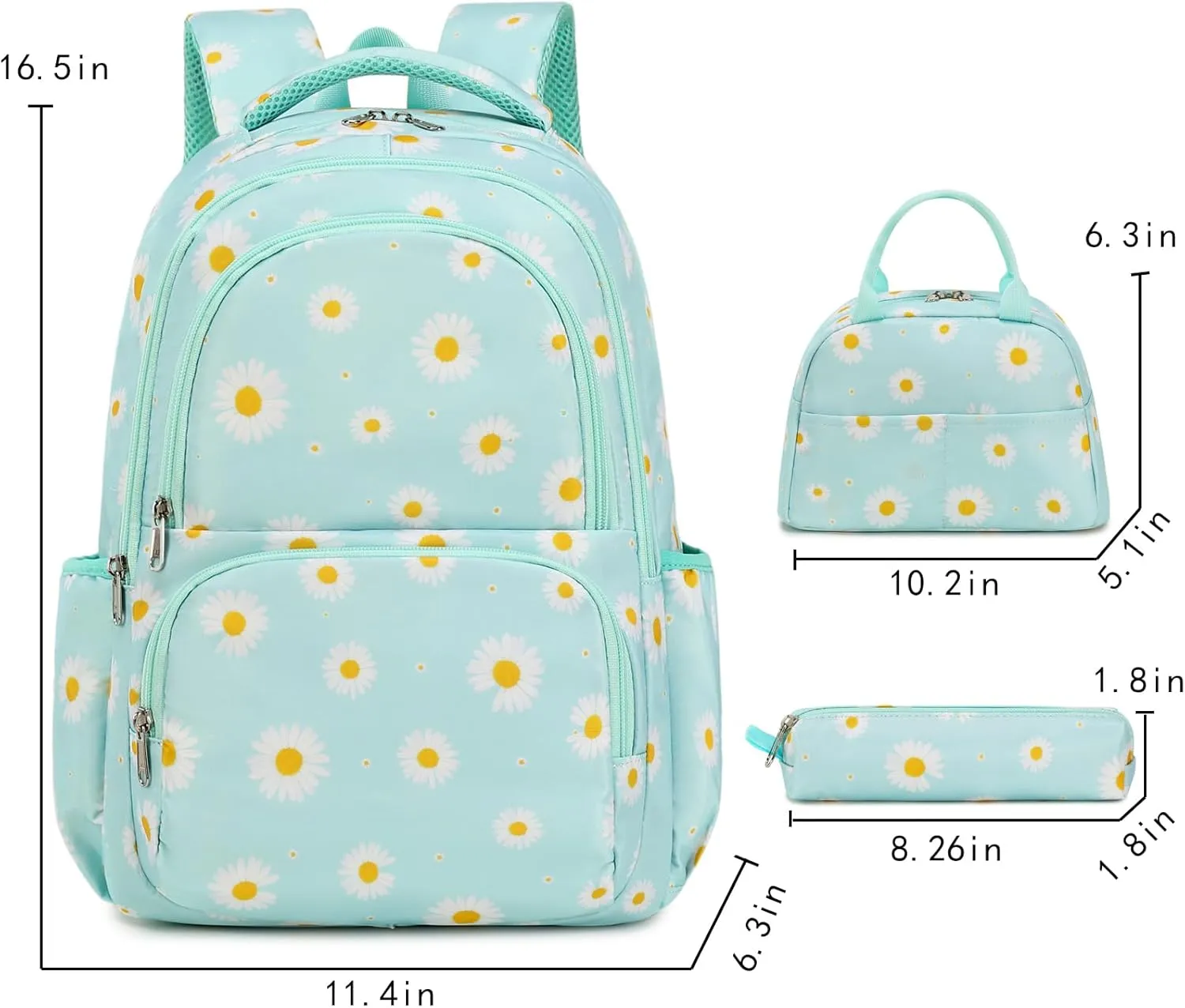Sunborls Backpack for Girls Teens Girls Bookbag Lightweight High-Capacity Waterproof School Gifts for Lovely Small Daisy Flower 3pcs (Mint Green)