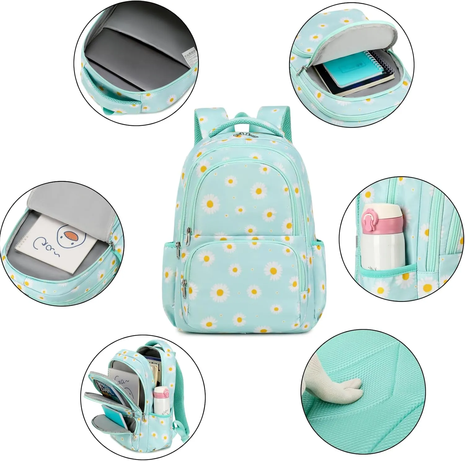 Sunborls Backpack for Girls Teens Girls Bookbag Lightweight High-Capacity Waterproof School Gifts for Lovely Small Daisy Flower 3pcs (Mint Green)