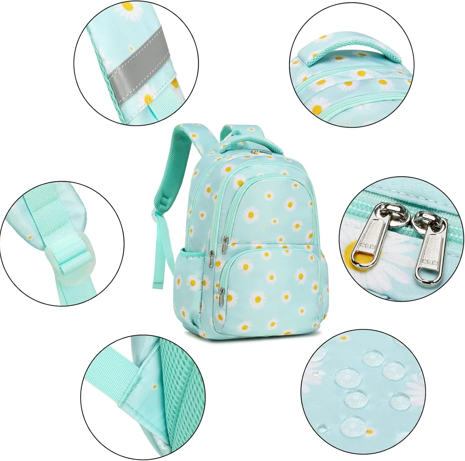 Sunborls Backpack for Girls Teens Girls Bookbag Lightweight High-Capacity Waterproof School Gifts for Lovely Small Daisy Flower 3pcs (Mint Green)