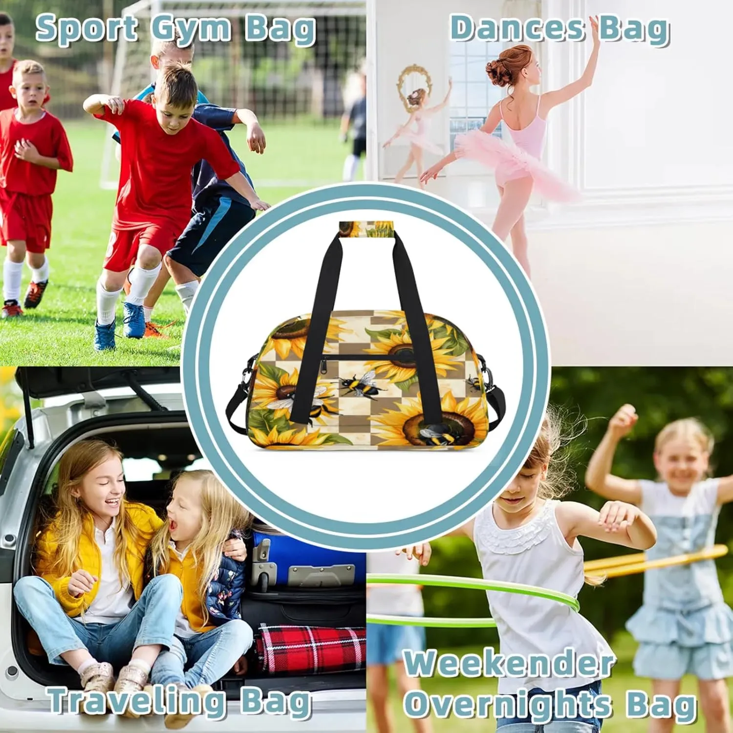 Sunflower Bee Flower Small Gym Bag 18 inch Carry On Duffel Bag for Weekender Travel Sports Workout Yoga Gymnastics Dance Ballet