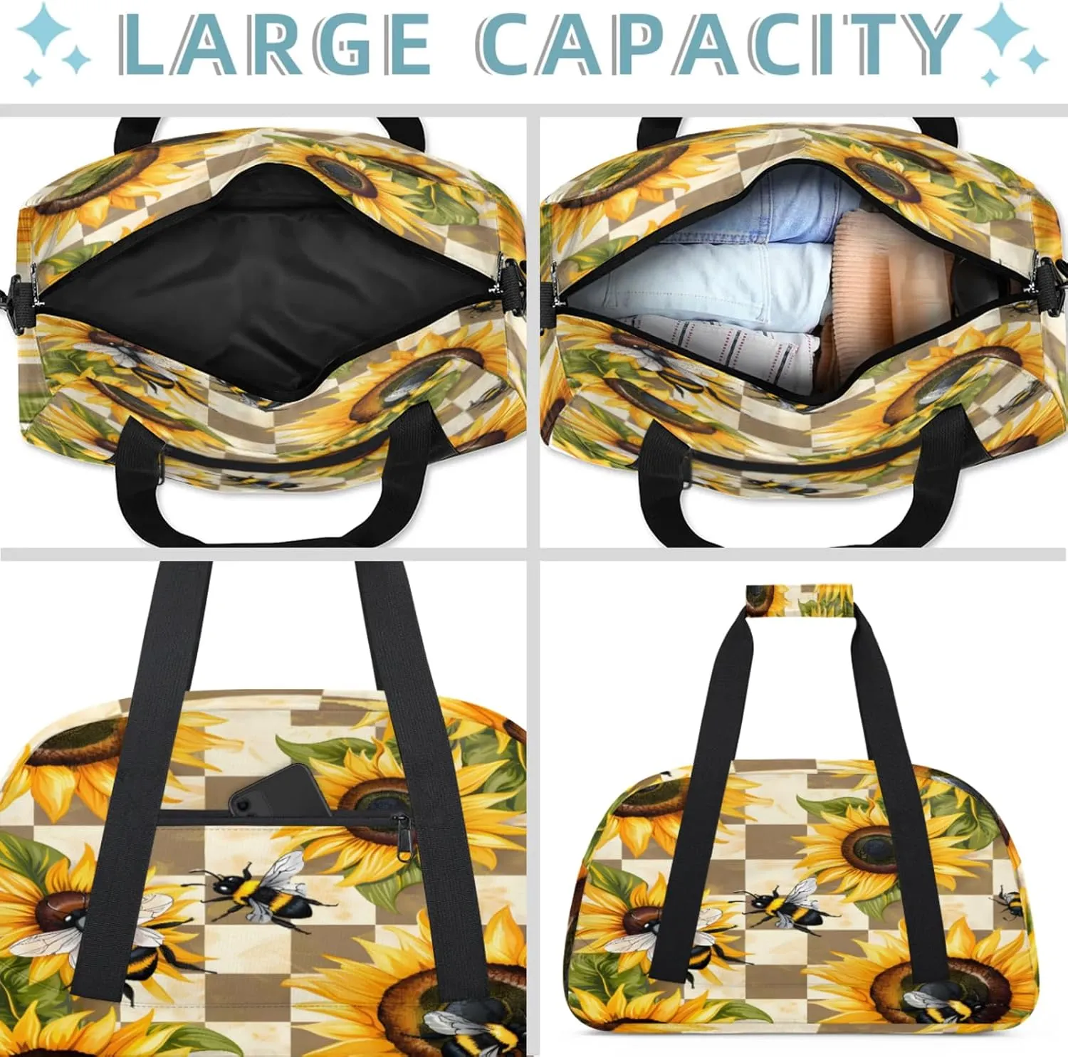 Sunflower Bee Flower Small Gym Bag 18 inch Carry On Duffel Bag for Weekender Travel Sports Workout Yoga Gymnastics Dance Ballet