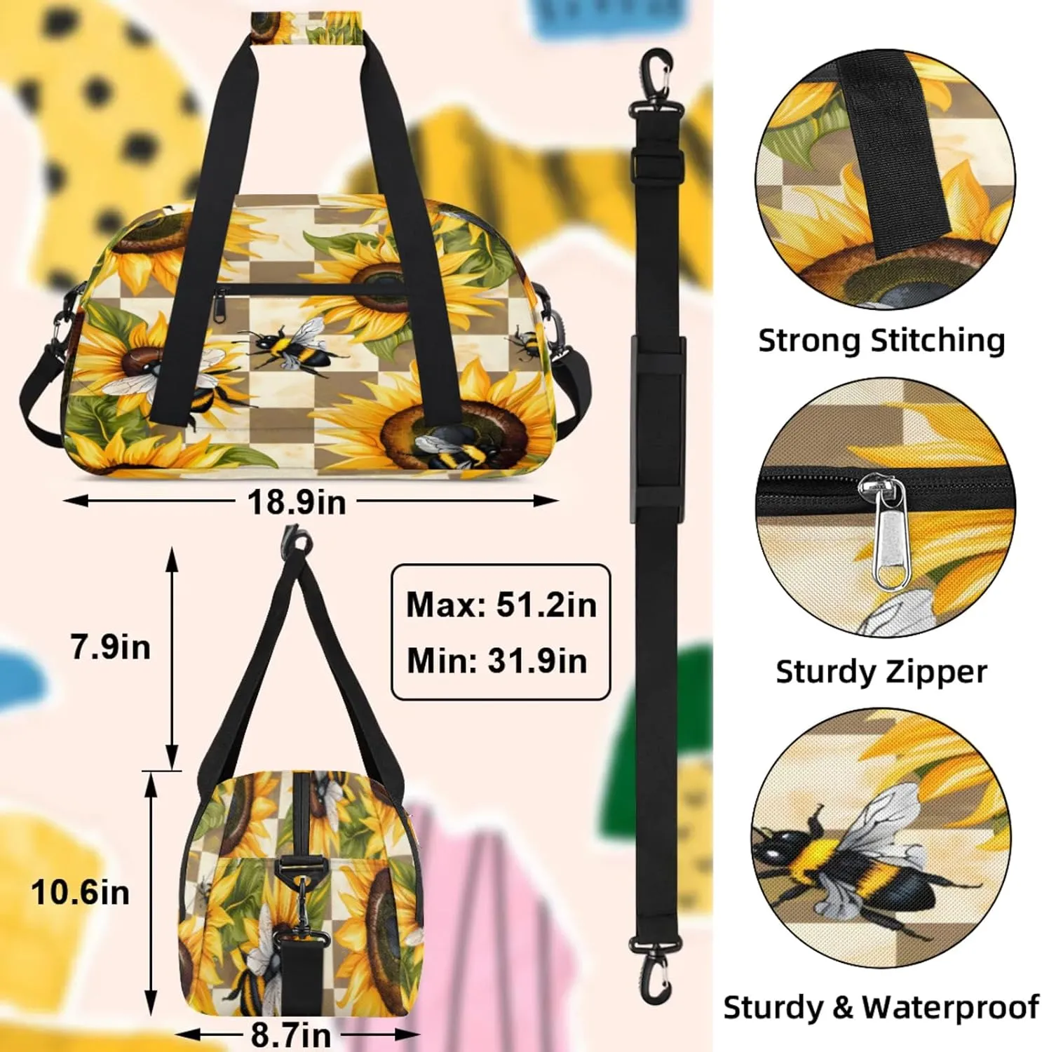 Sunflower Bee Flower Small Gym Bag 18 inch Carry On Duffel Bag for Weekender Travel Sports Workout Yoga Gymnastics Dance Ballet