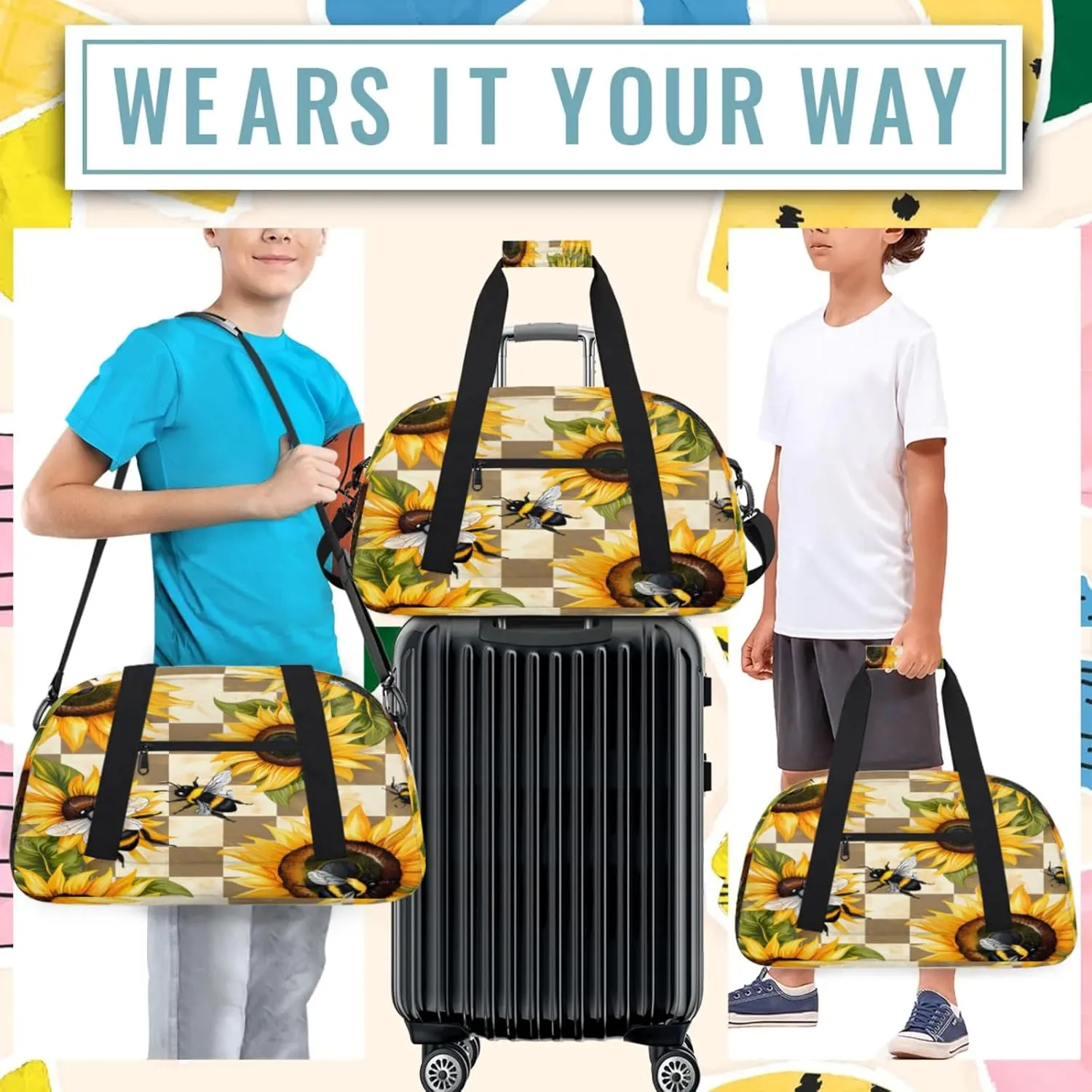 Sunflower Bee Flower Small Gym Bag 18 inch Carry On Duffel Bag for Weekender Travel Sports Workout Yoga Gymnastics Dance Ballet