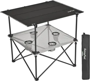 SUNNYFEEL Folding Camping Table- Collapsible Portable Beach Table with 4 Cup Holders & Carry Bags, Tailgate Table for Outdoor Excursion Picnic Hiking Fishing Travel Parties, Black